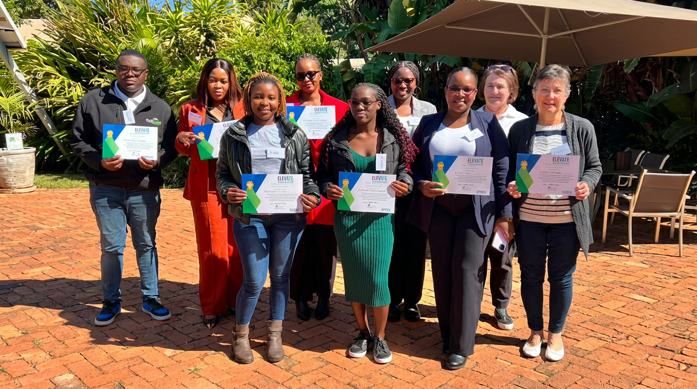A group of workshop participants holding their Elevate Training Solutions certificates