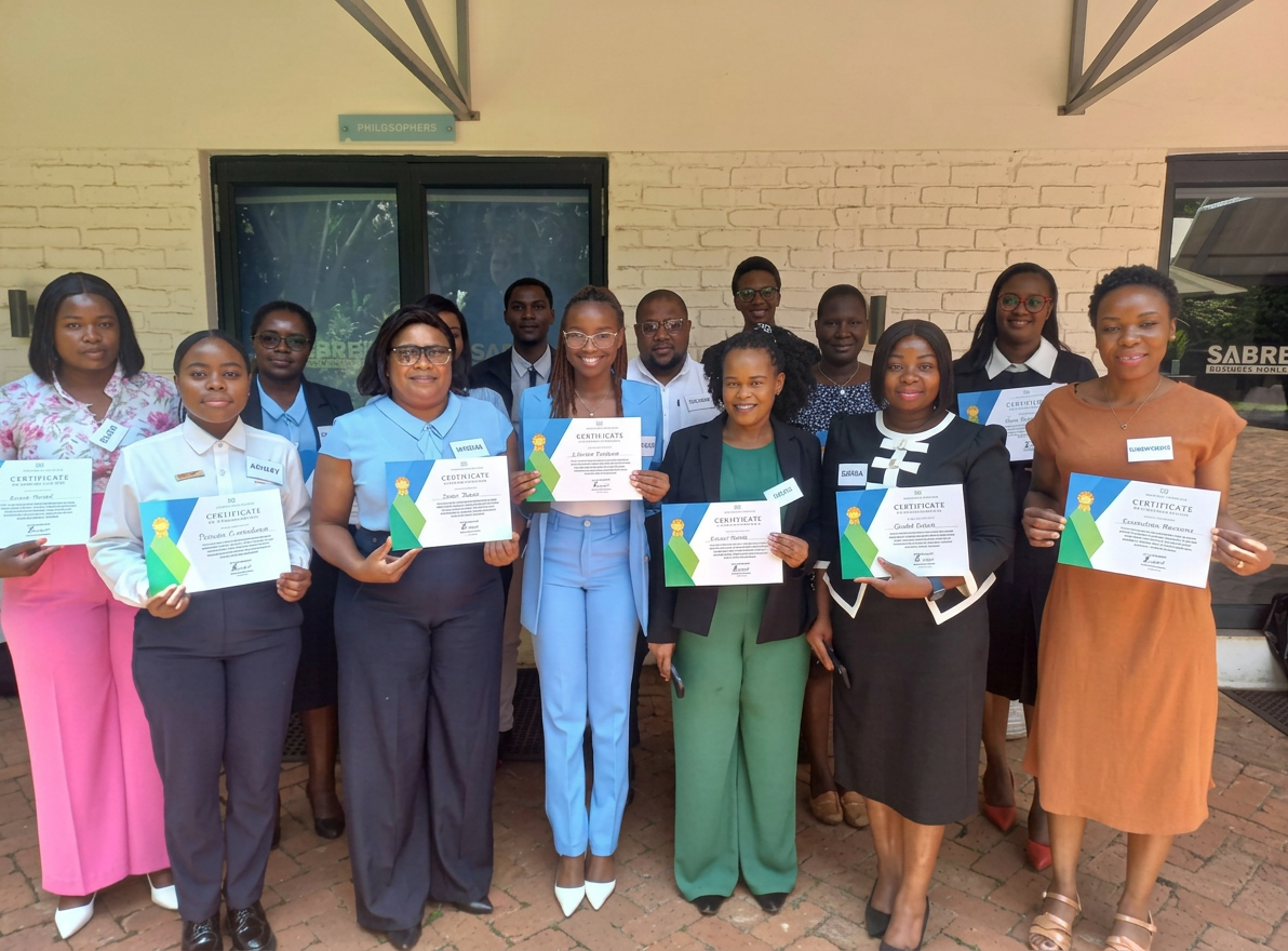 Large group of trainees holding certificates